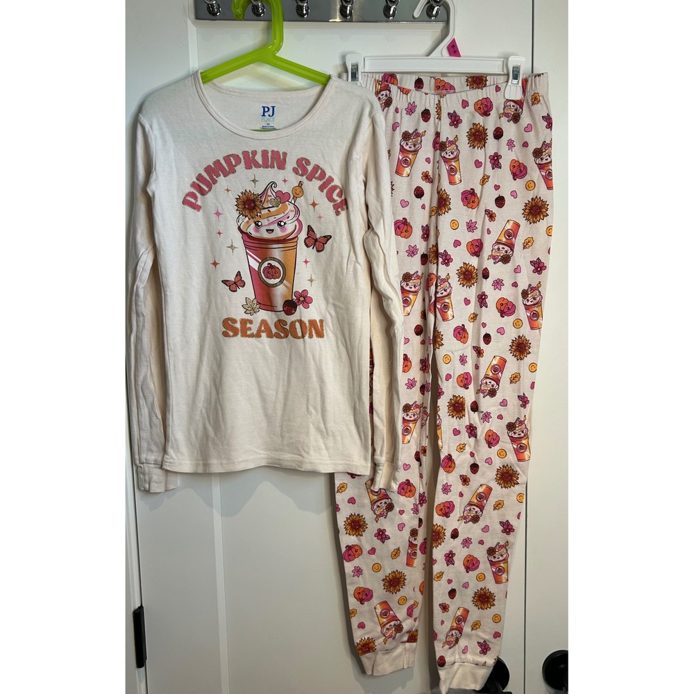 PJ Place Girls Pumpkin Spice Season Cotton Pajama Set Cream Pink Size 14